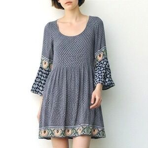 Umgee Blue Boho Paisley Bell Sleeve Babydoll Mini Dress Large L